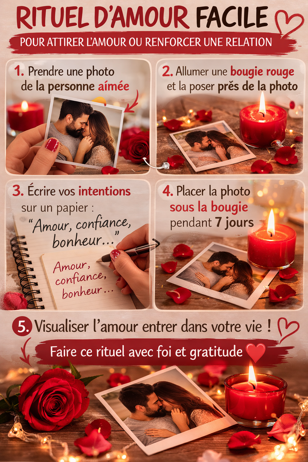 Illustration d’un rituel d’amour facile avec photo, représentant une pratique symbolique destinée à attirer l’amour et renforcer les sentiments entre deux personnes.