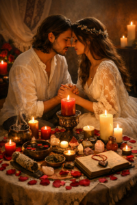 Image représentant un rituel d’amour facile pour attirer l’amour d’une personne, illustrant les étapes simples pour éveiller les sentiments, renforcer la connexion et créer une relation affective sincère.